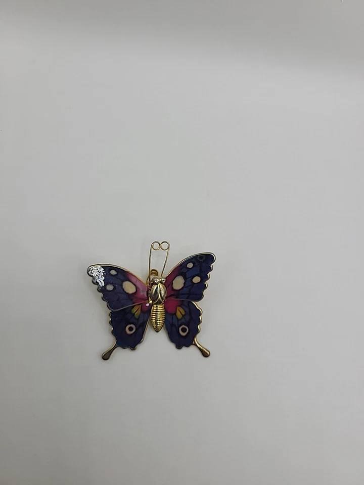 Broche prendedor vintage mariposa insecto tono dorado azul púrpura joyería disfraz Foto 2 de 4