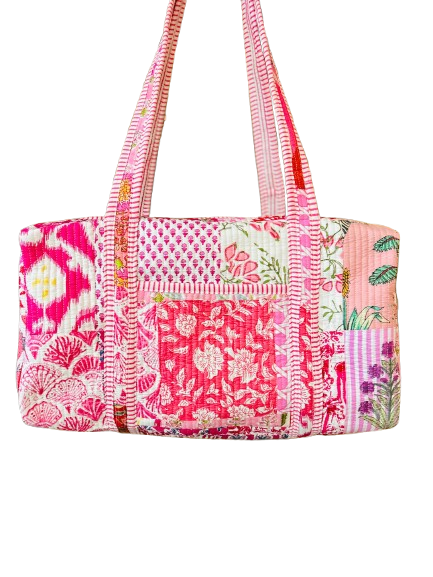 Cotton Patches Fabric Overnight Bags Indian White Quilted Duffle