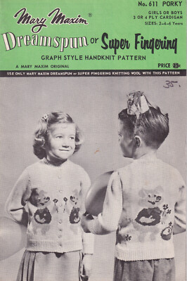Mary Maxim Graph Style Knitting Pattern Child 'Porky' Pig Cardigan Sweater 2 4 6