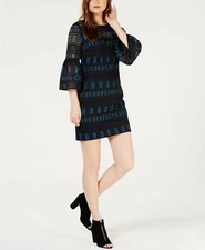 $380 Trina Turk Women's Black Blue Crochet Sheer Bell-Sleeve Shift Dress Size 2