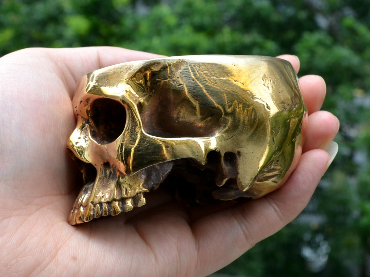 Small, Brass Copper Human Skull Ashtray,Desk Decor,Brass Art