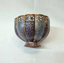 Antique Kashmiri copper bowl finished in turquoise and deep blue coloured enamel