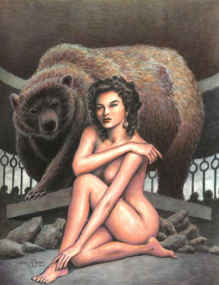 ERNIE CHAN original art, BARE BEAUTY Front Cover, 14x11, 2007, Woman w Grizzle Comic Art