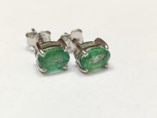 Silver Emerald Ear Studs 1.8 Ct Natural emerald studs 5x7 mm Oval