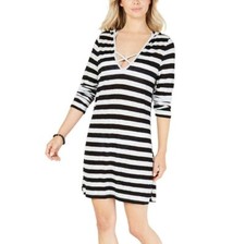 Miken Swim Plus 1X Black White Striped Hooded Cover Up Dress NWT DG68
