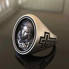 3D Jesus Christ & Cross In Solid 935 Argentium Silver Men's Hip-Hop Signet Ring