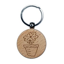 Flower Pot Doodle Engraved Wood Round Keychain Tag Charm