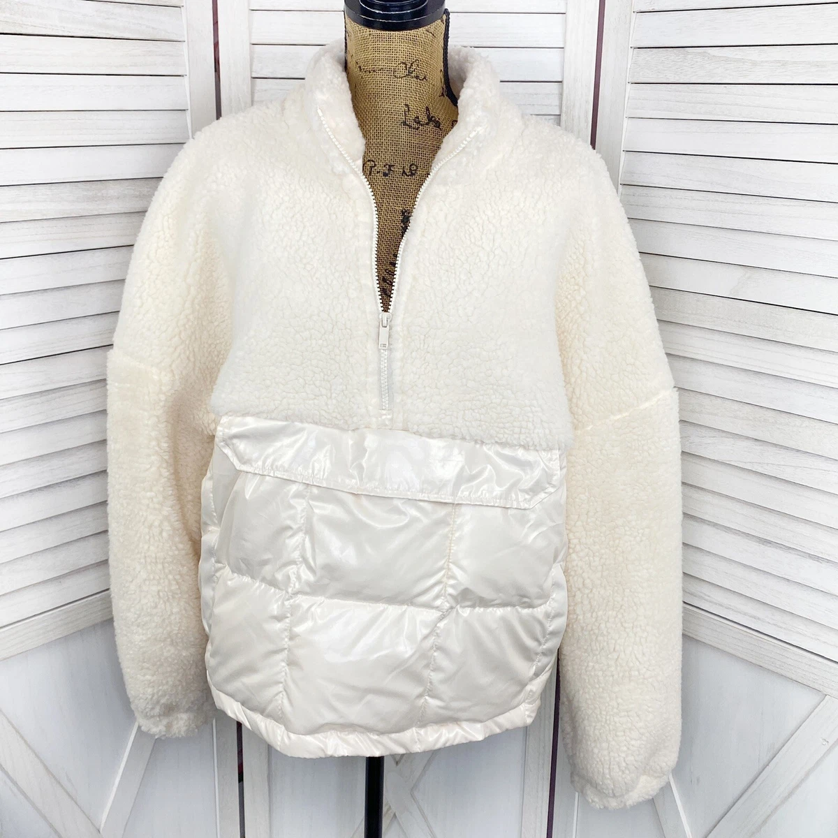 Fabletics Nelly Mixed Media Teddy Jacket Womens XL Cream Pullover Half Zip