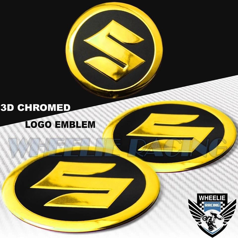 ALMOHADILLA DE TANQUE DE COMBUSTIBLE NEGRA + CROMO DORADO PRO GRIP + PEGATINA EMBLEMA CARENADO LOGOTIPO SUZUKI 3D 2" Foto 2 de 4