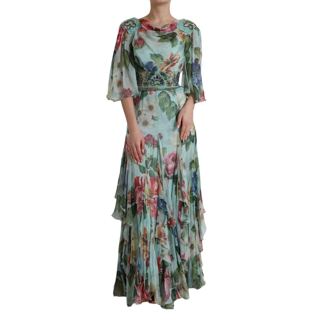DOLCE & GABBANA Dress Blue Floral Print Tiered Long Maxi DOLCE & GABBANA Dress Blue Floral Print Tiered Long Maxi