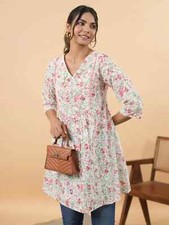 Indian Women BEAUTIFUL Pure Cotton Floral Printed A-Line Kurta Kurti Top Tunic