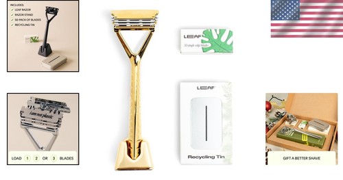 Sustainable Gold Leaf Razor Gift Set - Includes Razor, Stand, and Blade Refill - Picture 2 of 9