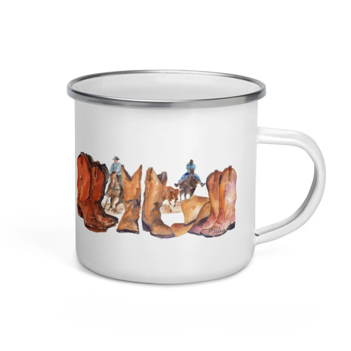 Texas Cowboy Enamel Coffee Mug - Cowboy Boots & Horses Camping Mug Western