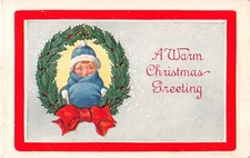 Holly Wreath Framing Little Boy Bundled Up for The Cold-Old Art Deco Christmas P