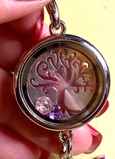Tree of Life Picture Frame Pink & Purple Crystals Silver Tone Link Bracelet 8.5"
