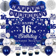 16Th Birthday Decorations for Boys Girls, Blue Silver Sweet 16Th Birthday Party