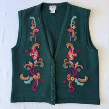 Koret Petites Green Floral Embroidered Wool Blend Sweater Vest Large vintage