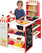 Kid Pretend Play Grocery Store Wooden Supermarket Toy Set w/Play Food Chalkboard