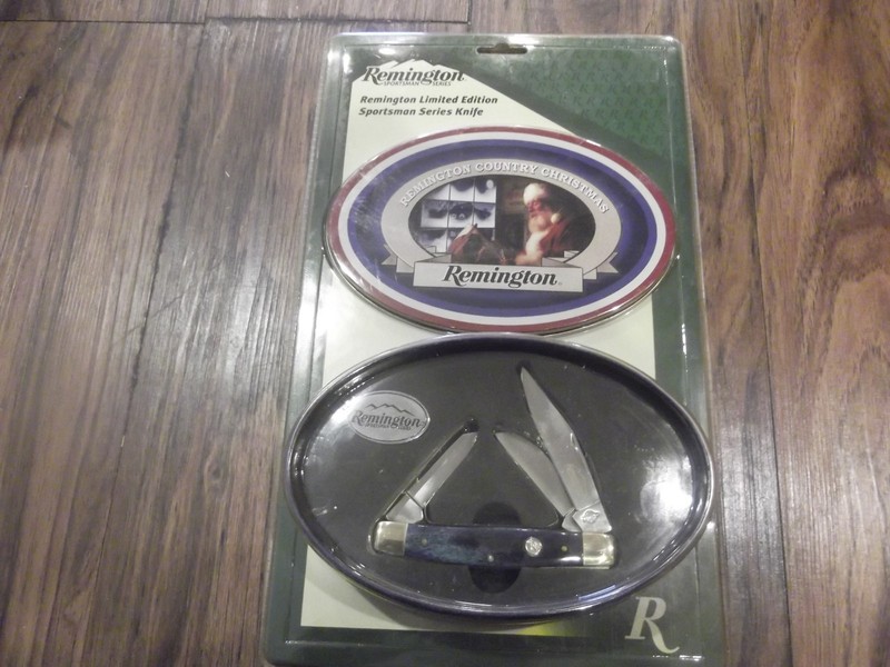 remington sportsman lockback knife in gift tin, blue bone handle r19330