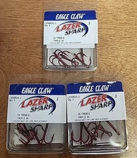 Lot Of 3. Eagle Claw Lazer Sharp #L934RDG-2 3X Treble Hook. Red. Size 2