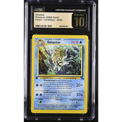 CGC 10 PRISTINE Omastar 1st Edition 40/62 Pokémon 2000 Dutch Fossil (PSA/BGS) - Picture 1 of 2