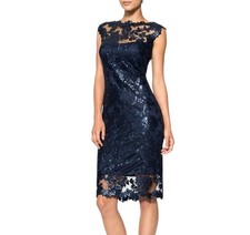 Tadashi Shoji  Illusion Midi Sheath Dress Size Petite 2 New Lace Navy Blue 