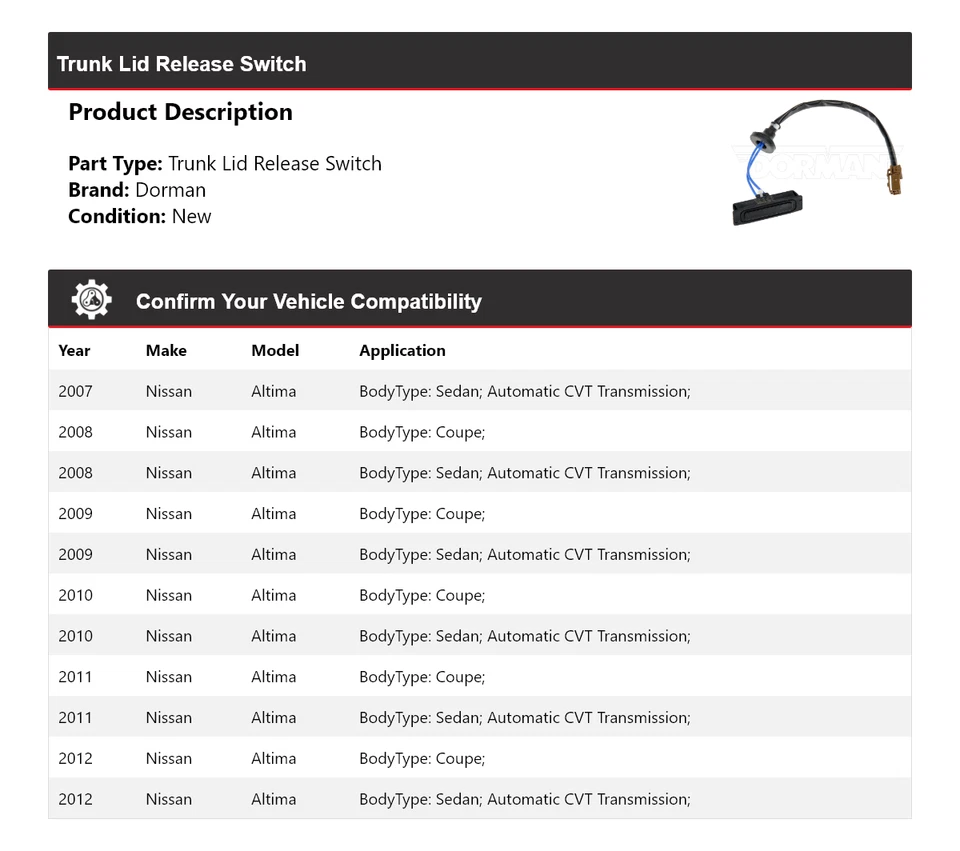 Interruptor de liberación de tapa de maletero para Nissan Altima Dorman 2007-2012 2008 2009 2010 2011 Foto 2 de 4