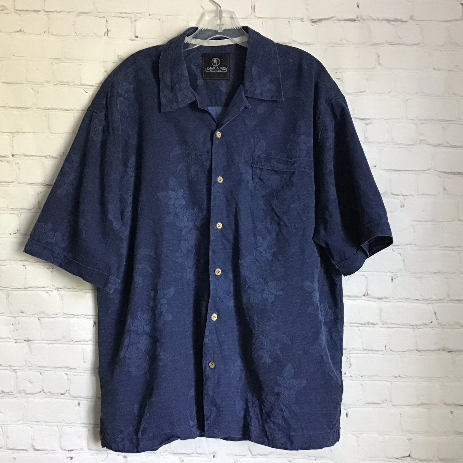 Jamaica Jaxx Mens Silk Button Front Shirt size XL Navy Blue Floral Hawaiian