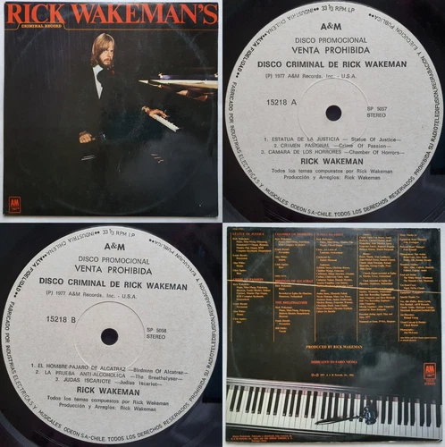 RICK WAKEMAN CRIMINAL RECORD 1977 PROMO WL SPANISH TITLES MEGARARE CHILEAN PRESS