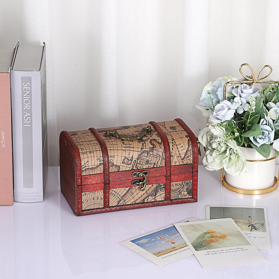 Vintage Treasure Chest Box, Pirate Keepsakes Box for Kids Gifts, Wooden