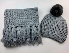 Chunky Knit Fur Pom Scarf Beanie Hat Set