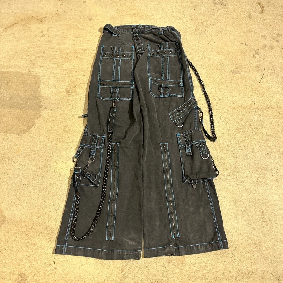 Tripp NYC Black Wide Leg Pants Chains Straps Grunge Goth Y2K Punk Zippers Sz 26