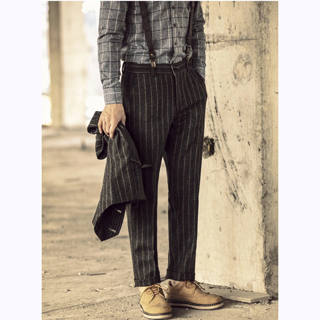 Y's for men Wool Striped Wide Pants (Trousers) Grey,Blue M-L | PLAYFUL