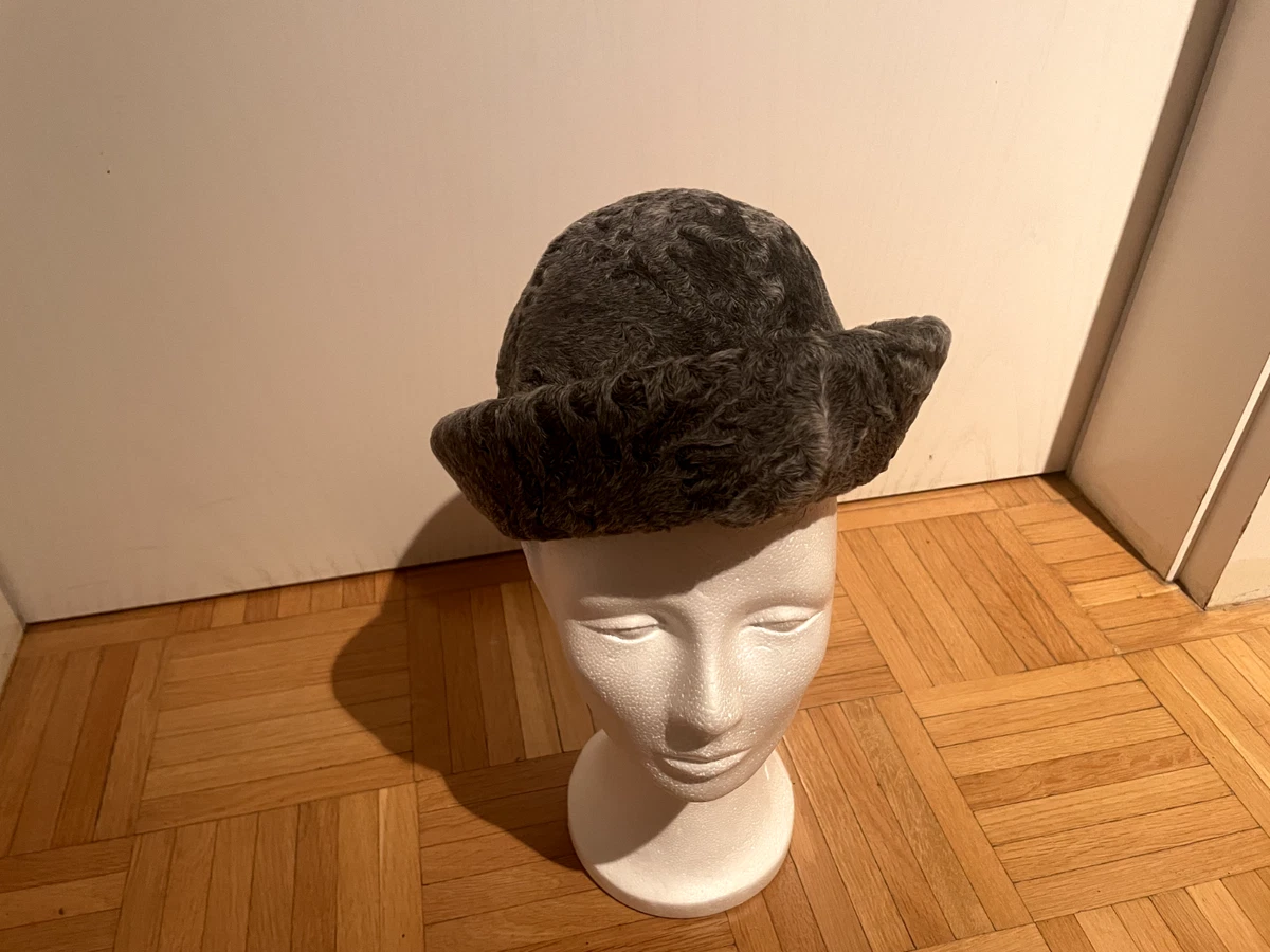 Vintage Pelzkappe Pelzhut Pelz Kappe Damen Hut Mütze mit Krempe * grau