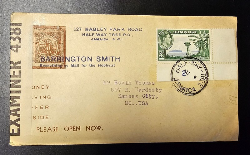 JAMAICA 1943 WORLD WAR WWII Cover Opened and Examined Postmark HALF-WAY-TREE 