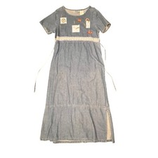 Vintage Denim Jumper Dress Size MED Plaid Slit Fall Autumn Floral Back Tie EUC