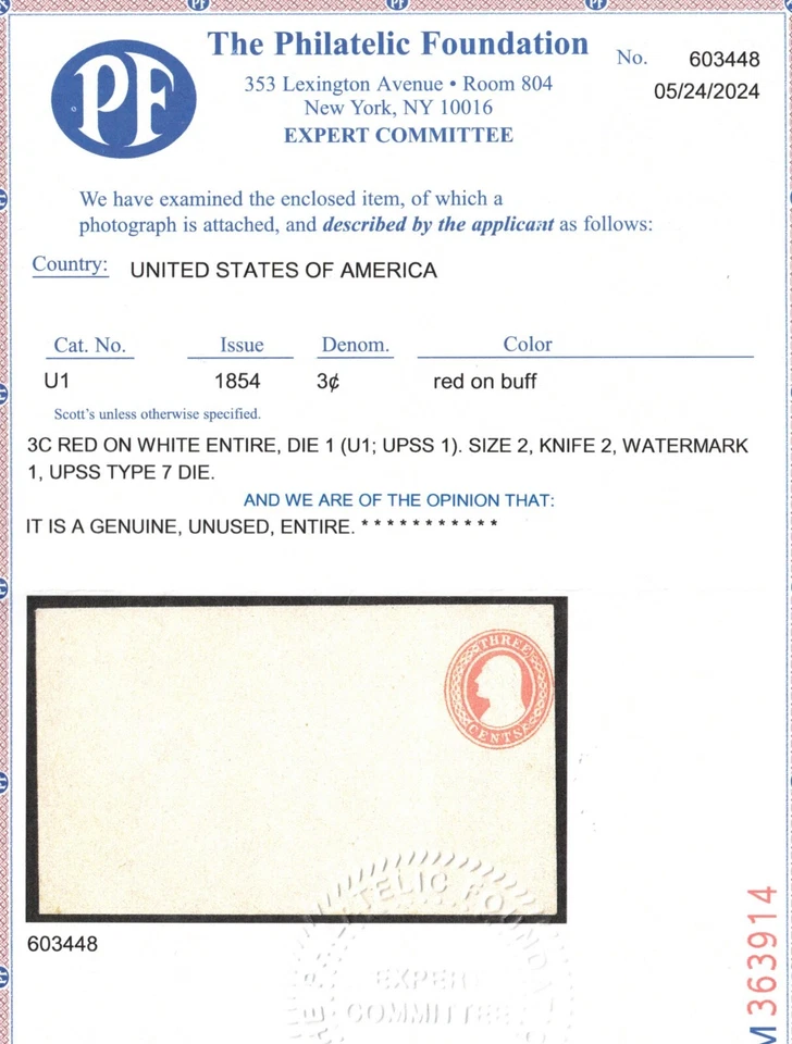 USA #U1 (#UPSS1) Extra Fine Mint 3cent Red On White Entire Die 1 - Image 2 of 2