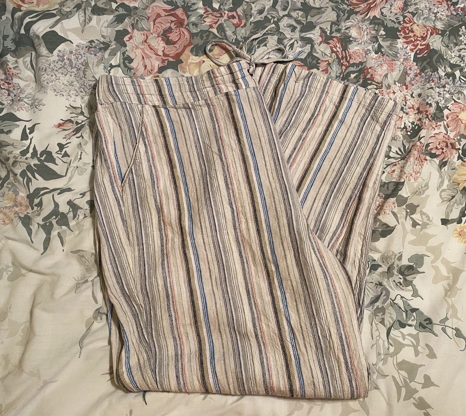 For Cynthia Woman Linen Viscose Blend Pants Striped Drawstring Sz 3X Lagenlook