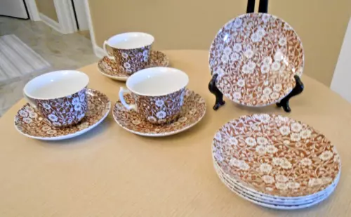 Crownford China Staffordshire England CALICO BROWN 3 Coffee Tea Cups & 8 Saucers