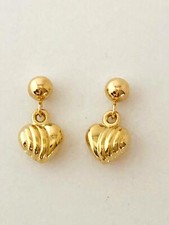 14K Solid Yellow Gold 3D Heart Dangle Earring. W: 7 mm L: 13 mm E2217-60