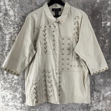 Denim Co Size XL Floral Embroidered Casual Button Top Beige 3/4 Sleeve Collar
