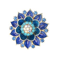 Blue Crystal Rhinestone Enamel Big Lotus Flower Brooch Pin