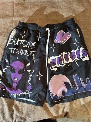 ROMWE Street Life Guys Cartoon & Letter Drawstring Waist Shorts SO3 Black Large