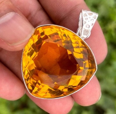 100 Ct Natural Yellow Citrine Trillion Cut 925 Solid Silver Pendant Gemstone