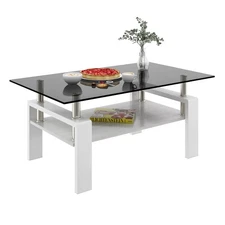 Modern Rectangular Coffee Table: Tempered Gray Glass & MDF for Living Room