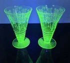 LOT of 2 ~ Vtg Green Uranium Depression Glass Cambridge Cleo 8oz Footed Tumbler