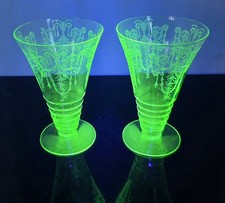 LOT of 2 ~ Vtg Green Uranium Depression Glass Cambridge Cleo 8oz Footed Tumbler