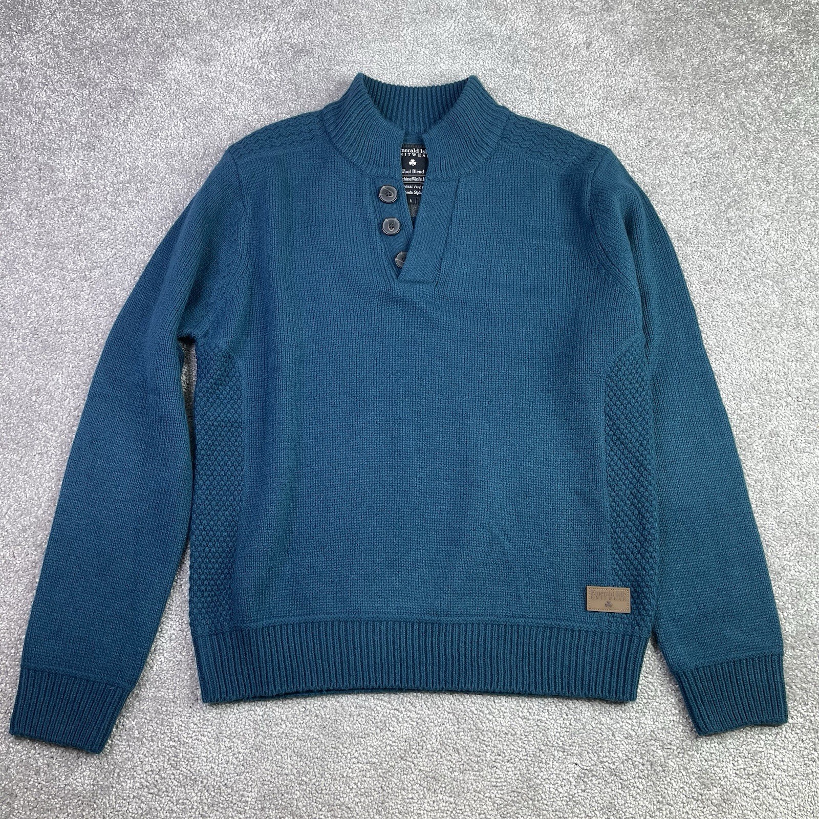 Emerald Isle Knitwear Galway Wool Blend Sweater Men’s L Teal Button Mock Neck ￼