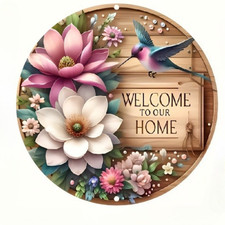 2D 1P Round Metal Iron Sign "Welcome To Our Home" Flowers Bird Yard Decor 8x8