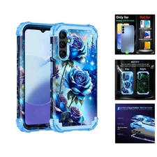 Three Layer Heavy Duty Shockproof Case for Galaxy A15 5G - Blue Rose Glow Design